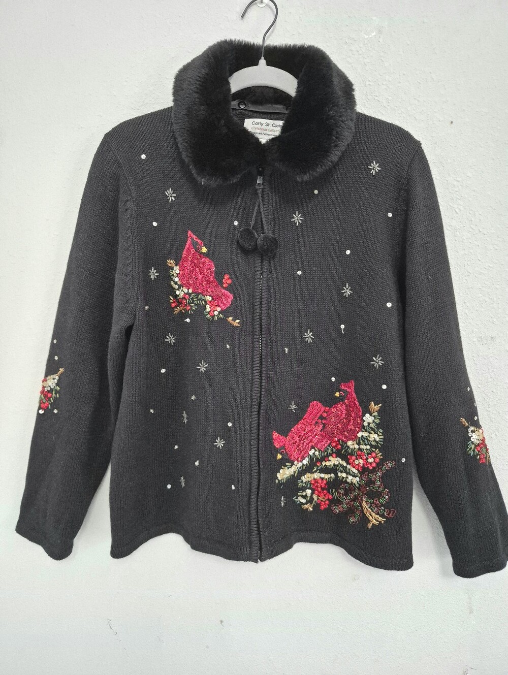 Carly St. Claire Sequin Faux Fur Collar Holiday Zip Up Black Sweater Large